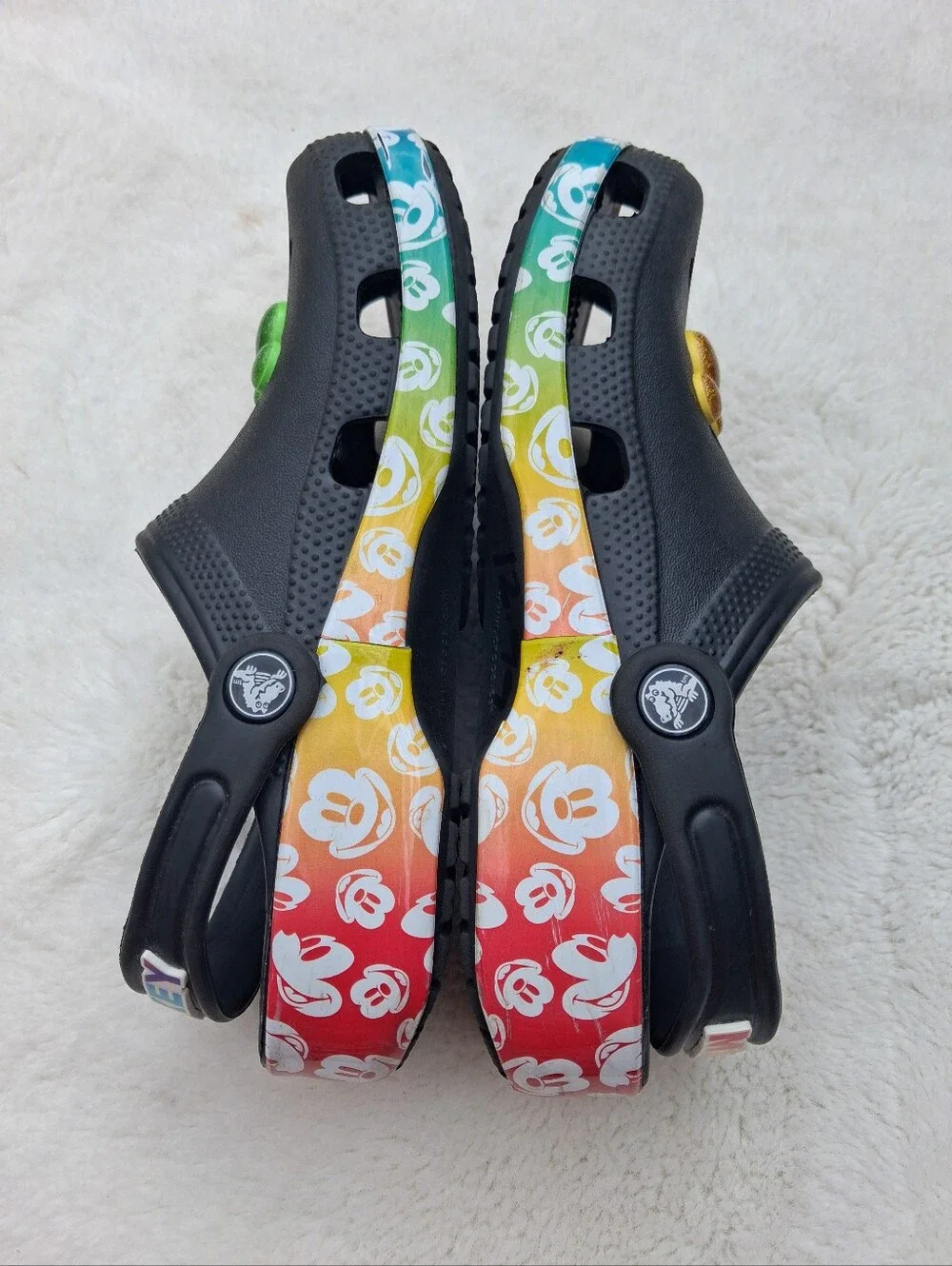 Kids Black Crocs Shoes with Rainbow Mickey Accents Size 3- Big Kid Unisex